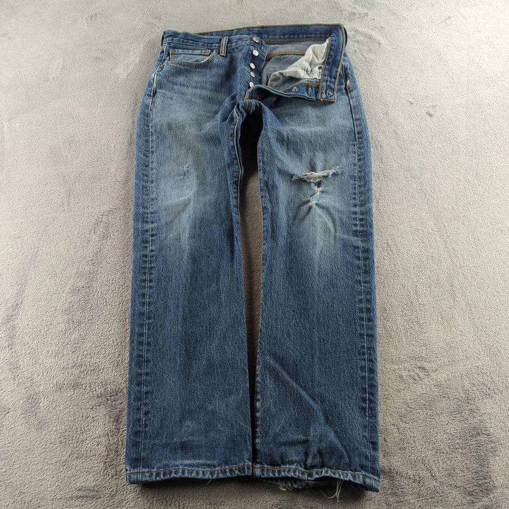 Levis 501 Jeans Mens 33x30 Blue Faded Distressed Straight Button Fly Denim